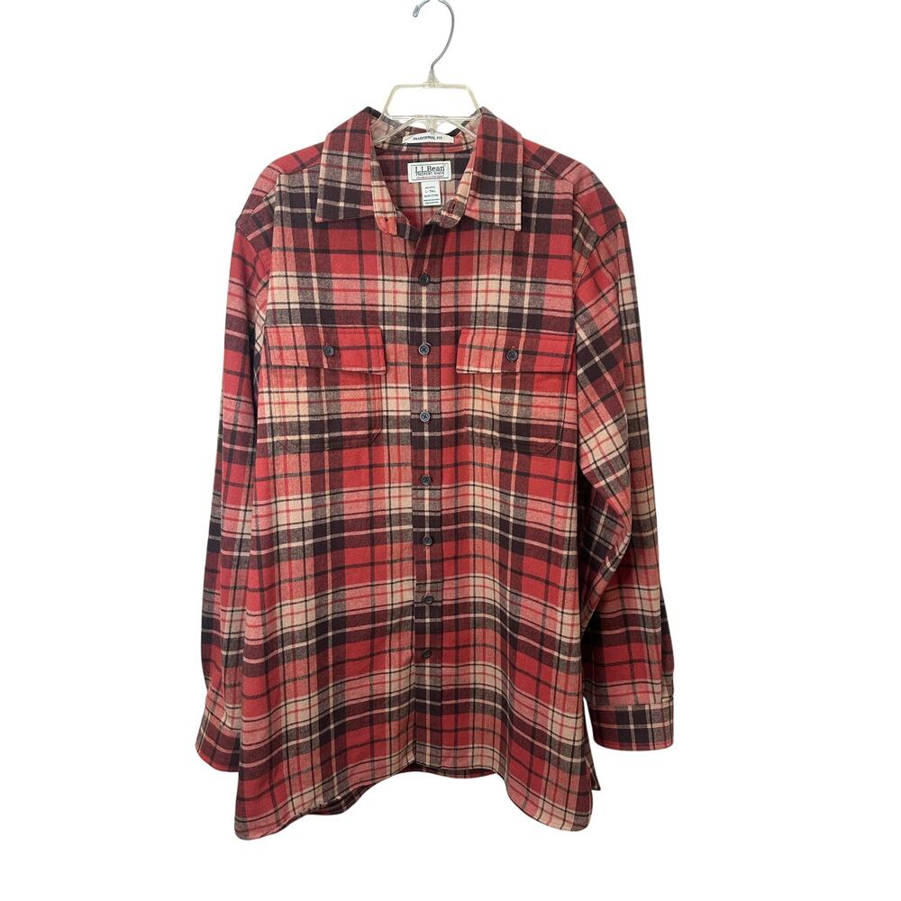 L.L. Bean Heavyweight Chamois Cloth Shirt Flannel ButtonUp Sz L Tall Orange